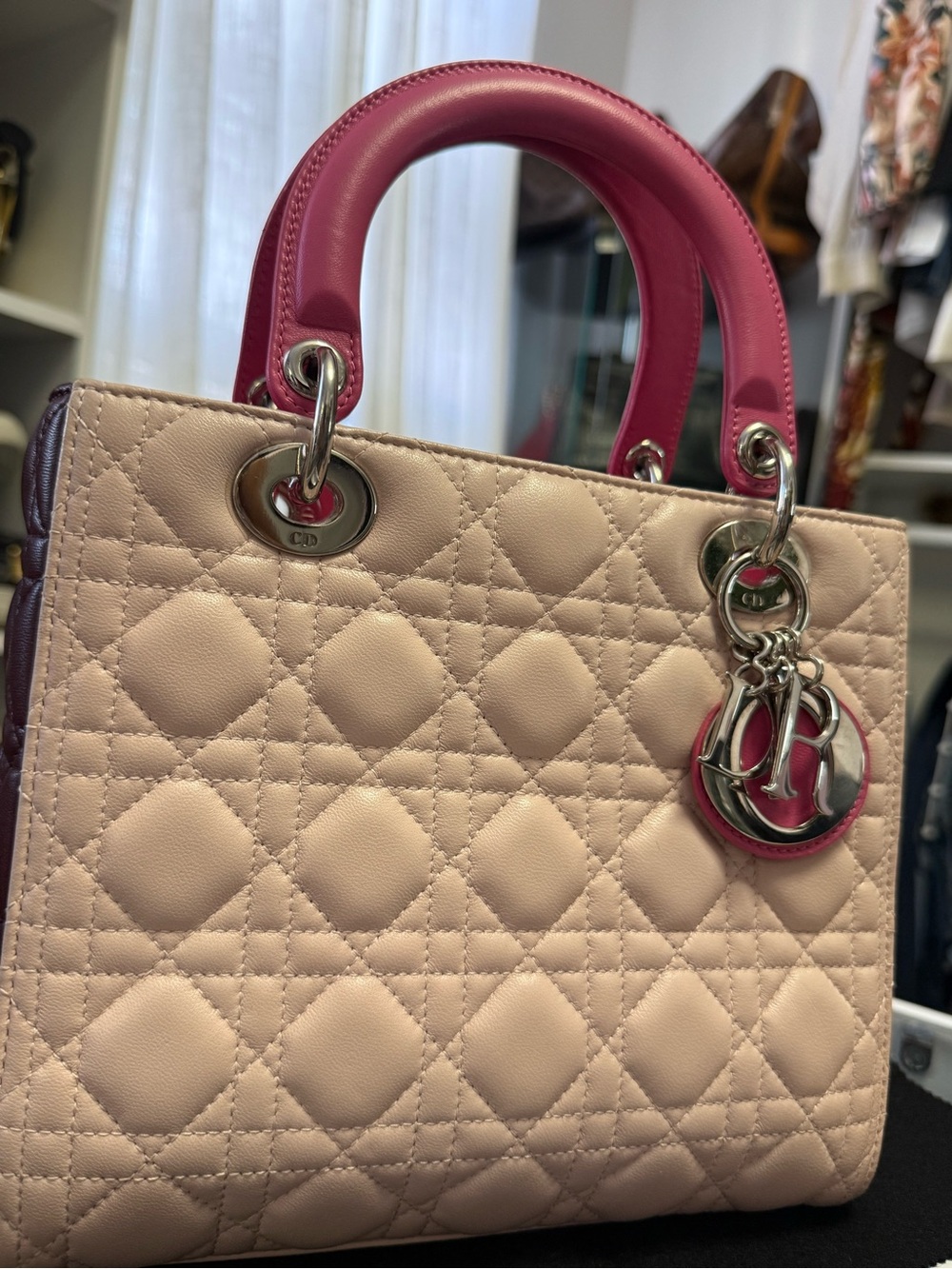 Dior Lady Quilted Top Handle Satchel, Beige/Pink, Detachable Adjustable Strap